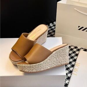 Dior Women's Brown and Cream Wedge Sandals